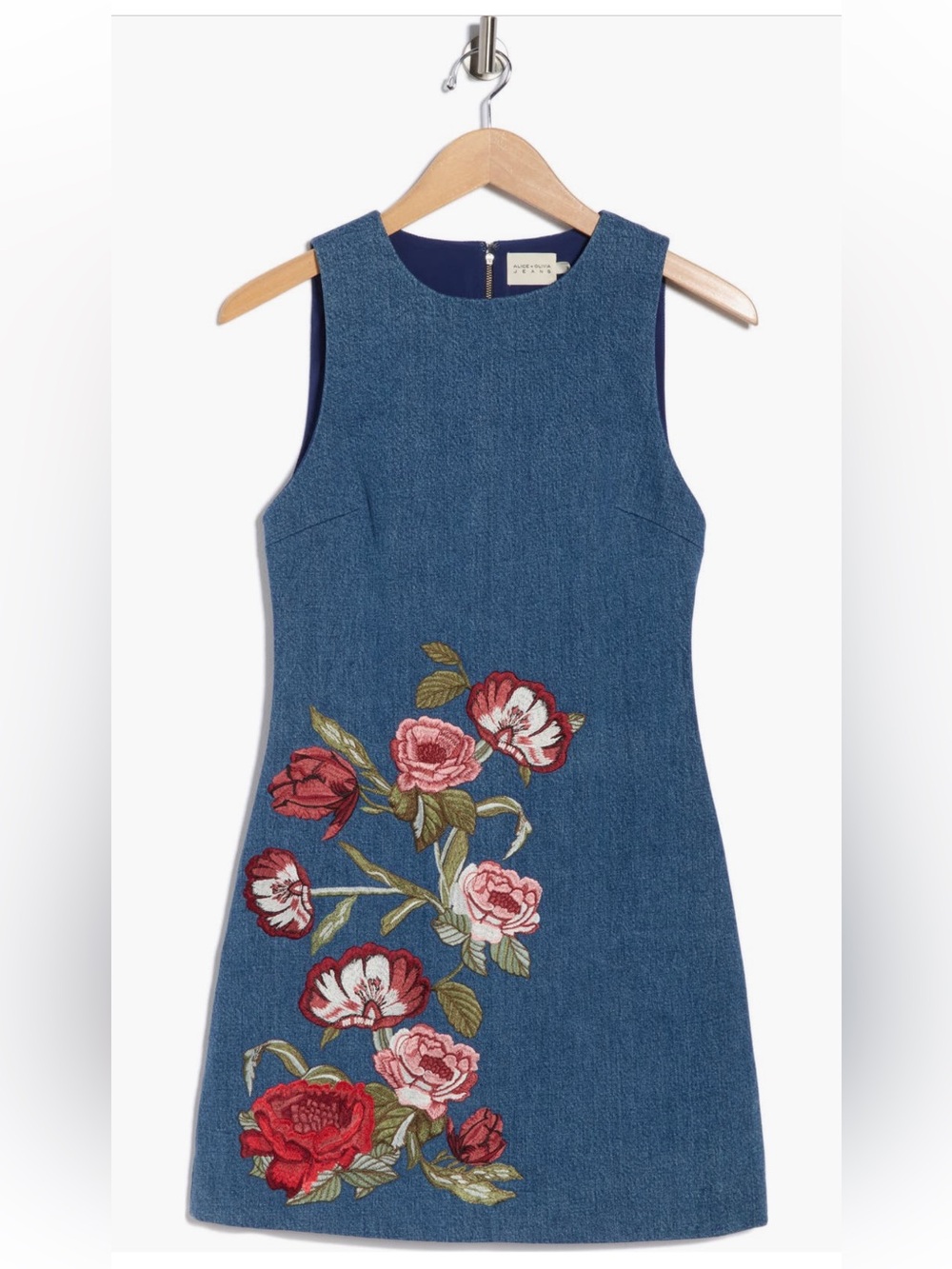 Alice + Olivia Cade Floral Embroidered Sleeveless Denim Dress size 4 NWT